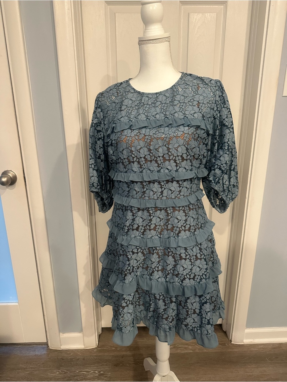 MICHAEL Michael Kors Dusty Blue Lace Ruffle Mini Dress